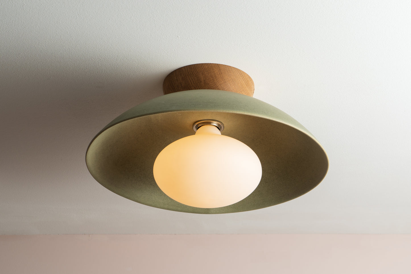 Green Dawn Flush Mount Ceiling Light in Ceramic and Oak