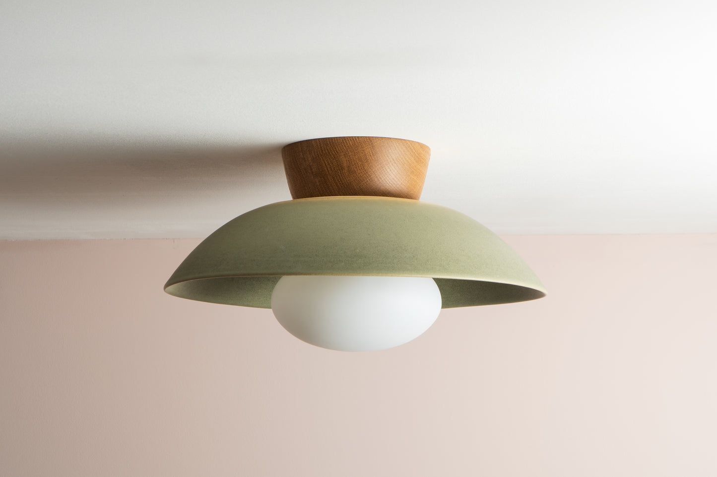 Green Dawn Flush Mount Ceiling Light in Ceramic and Oak