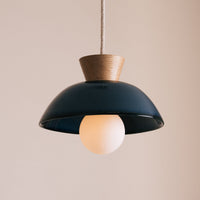 Blue Small Dawn Pendant Light in Ceramic and Oak