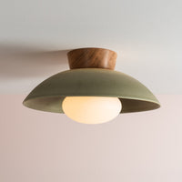 Green Dawn Flush Mount Ceiling Light in Ceramic and Oak