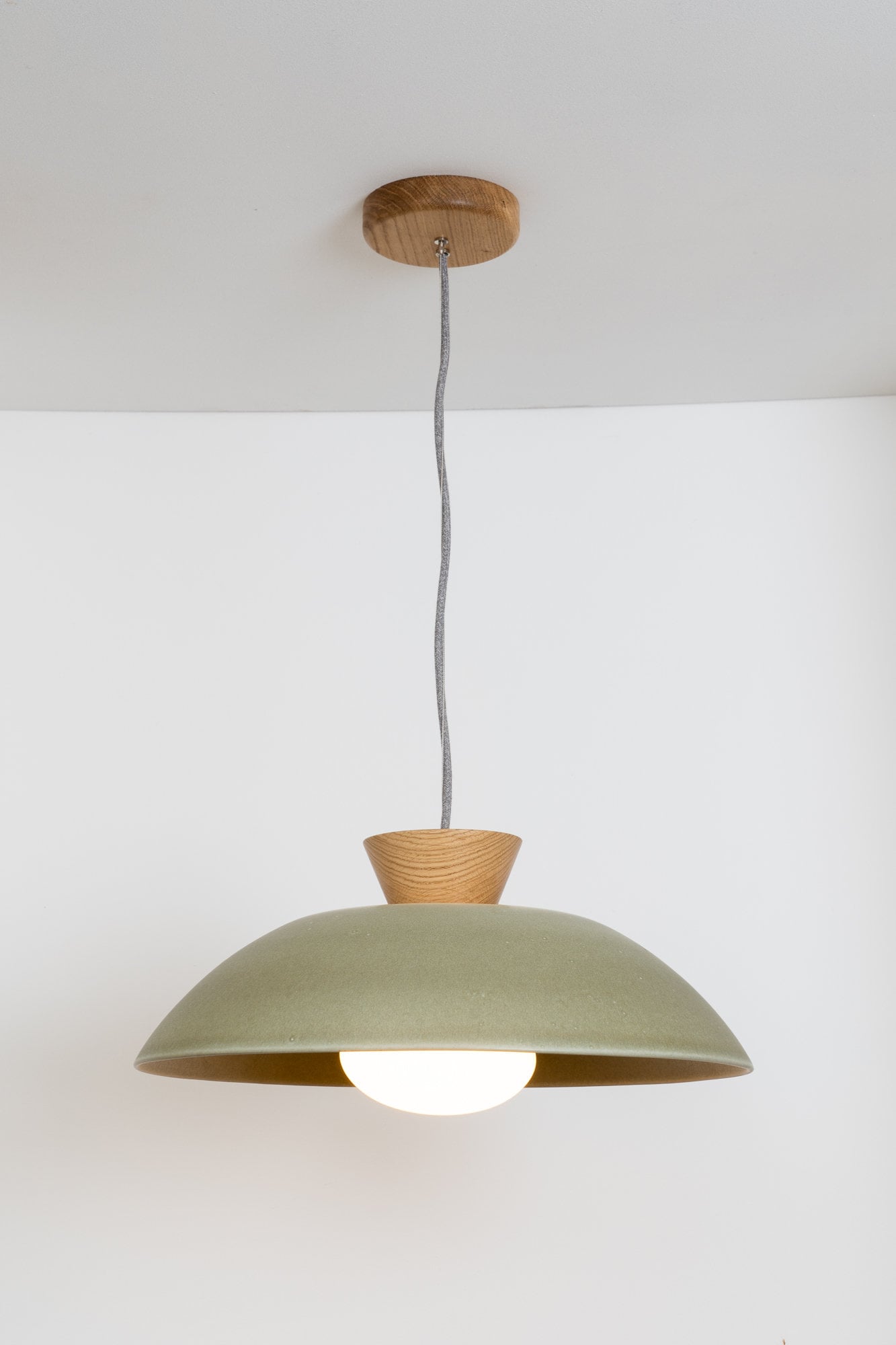 Green XL Dawn Pendant Light in Ceramic and Oak by StudioHaran