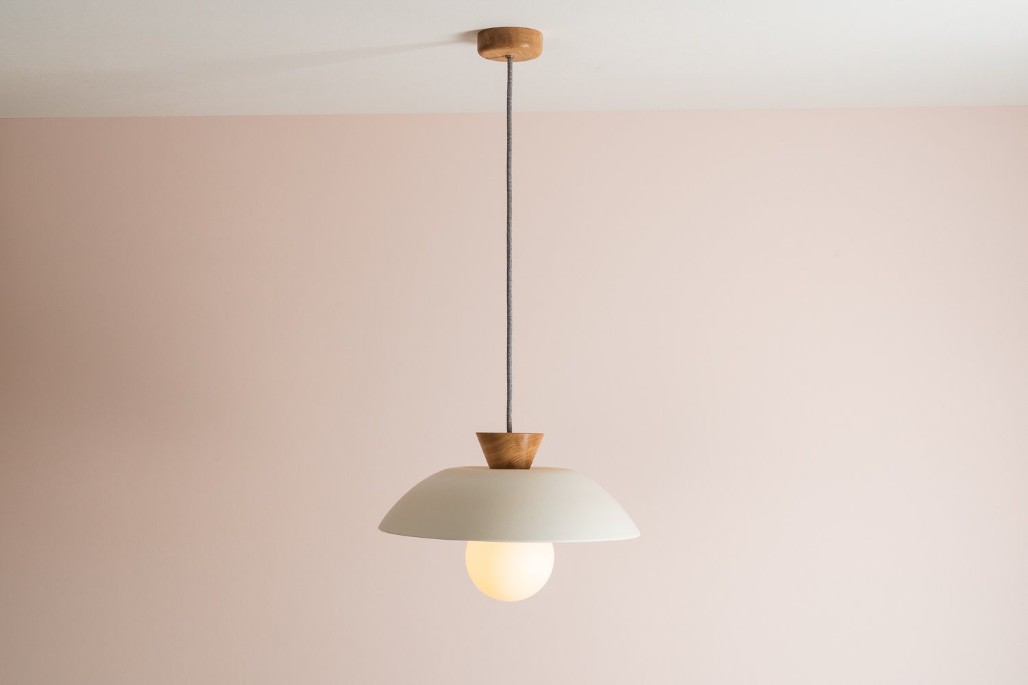 White Dawn Pendant Light in Ceramic and Oak by StudioHaran