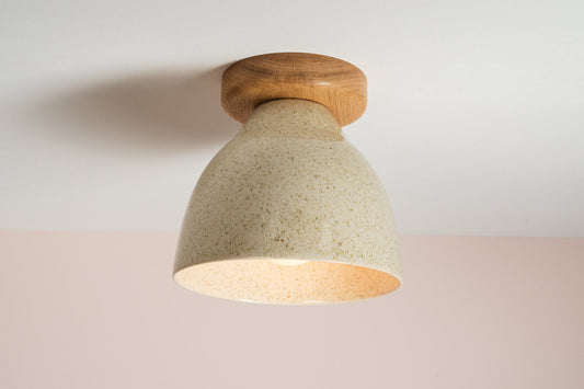 Speckled Cream Gloss Element Flush Mount Ceiling Light in Ceramic and Oak by StudioHaran