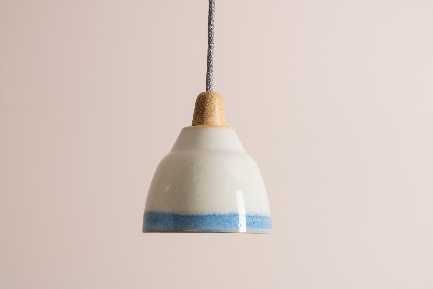 Small Blue and White Element Pendant Light in Ceramic and Oak by StudioHaran