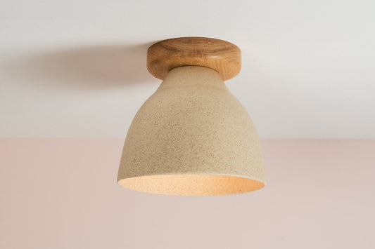 Speckled Cream Matt Element Flush Mount Ceiling Light in Ceramic and Oak by StudioHaran