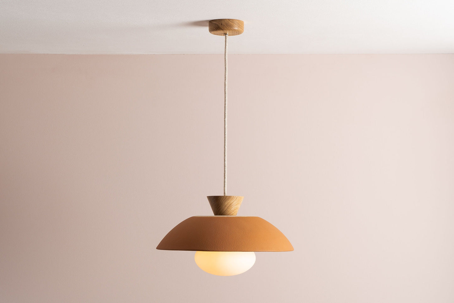 Terracotta Dawn Pendant Light in Ceramic and Oak by StudioHaran