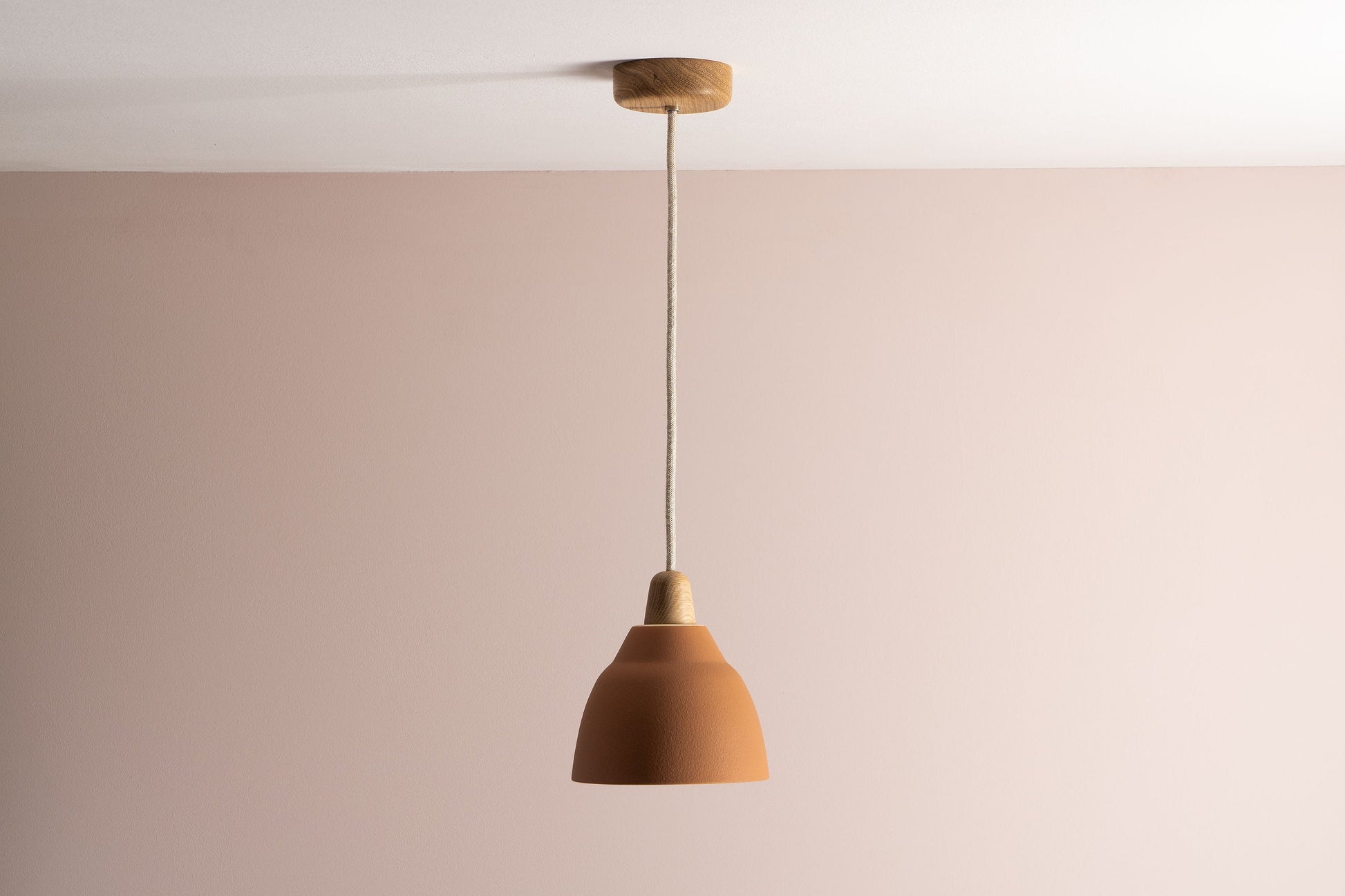 Terracotta Element Pendant Light in Ceramic and Oak by StudioHaran