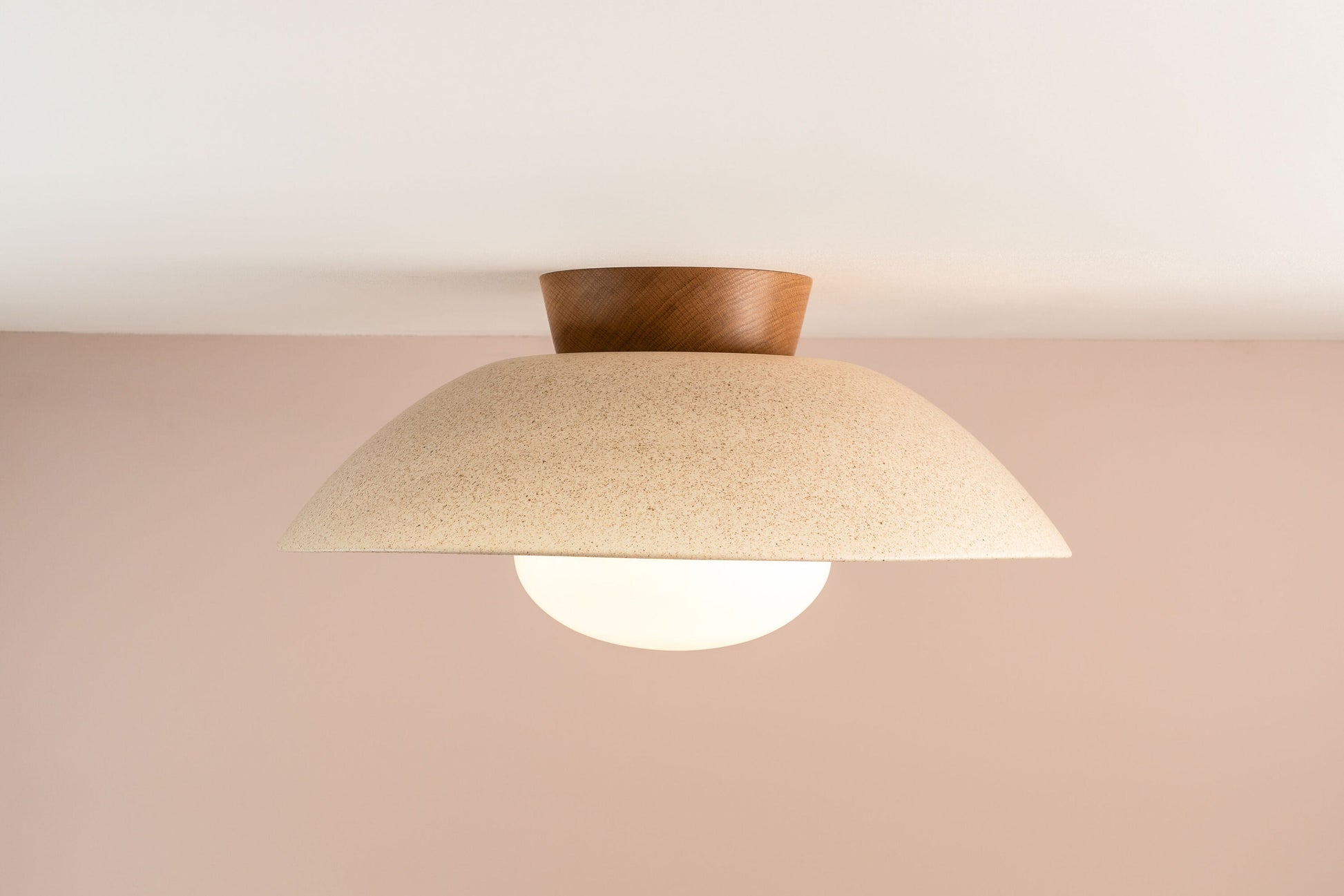 Speckled Cream Matt XL Dawn Flush Mount Ceiling Light in Ceramic and Oak by StudioHaran