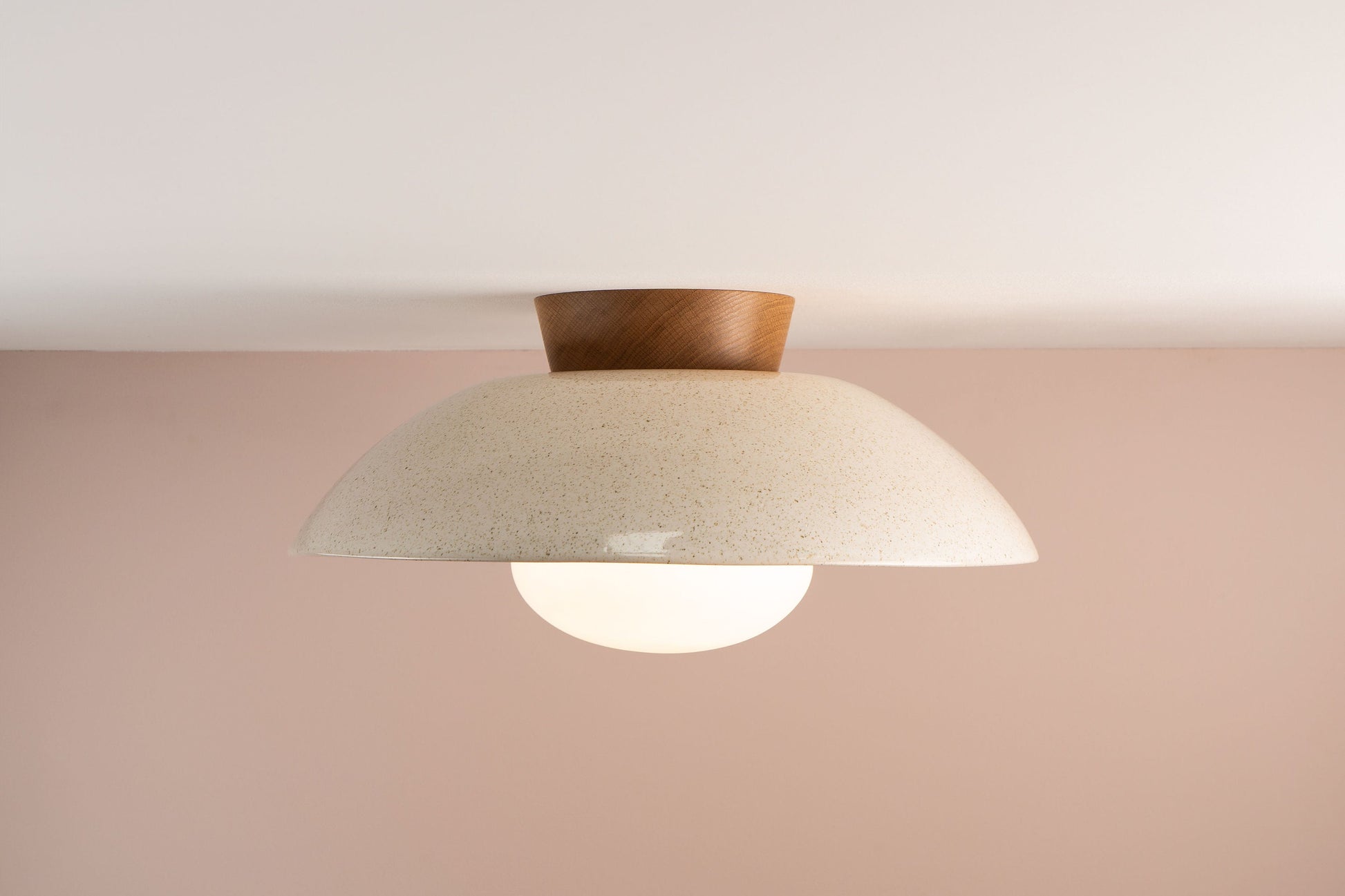 Speckled Cream Gloss XL Dawn Flush Mount Ceiling Light in Ceramic and Oak by StudioHaran