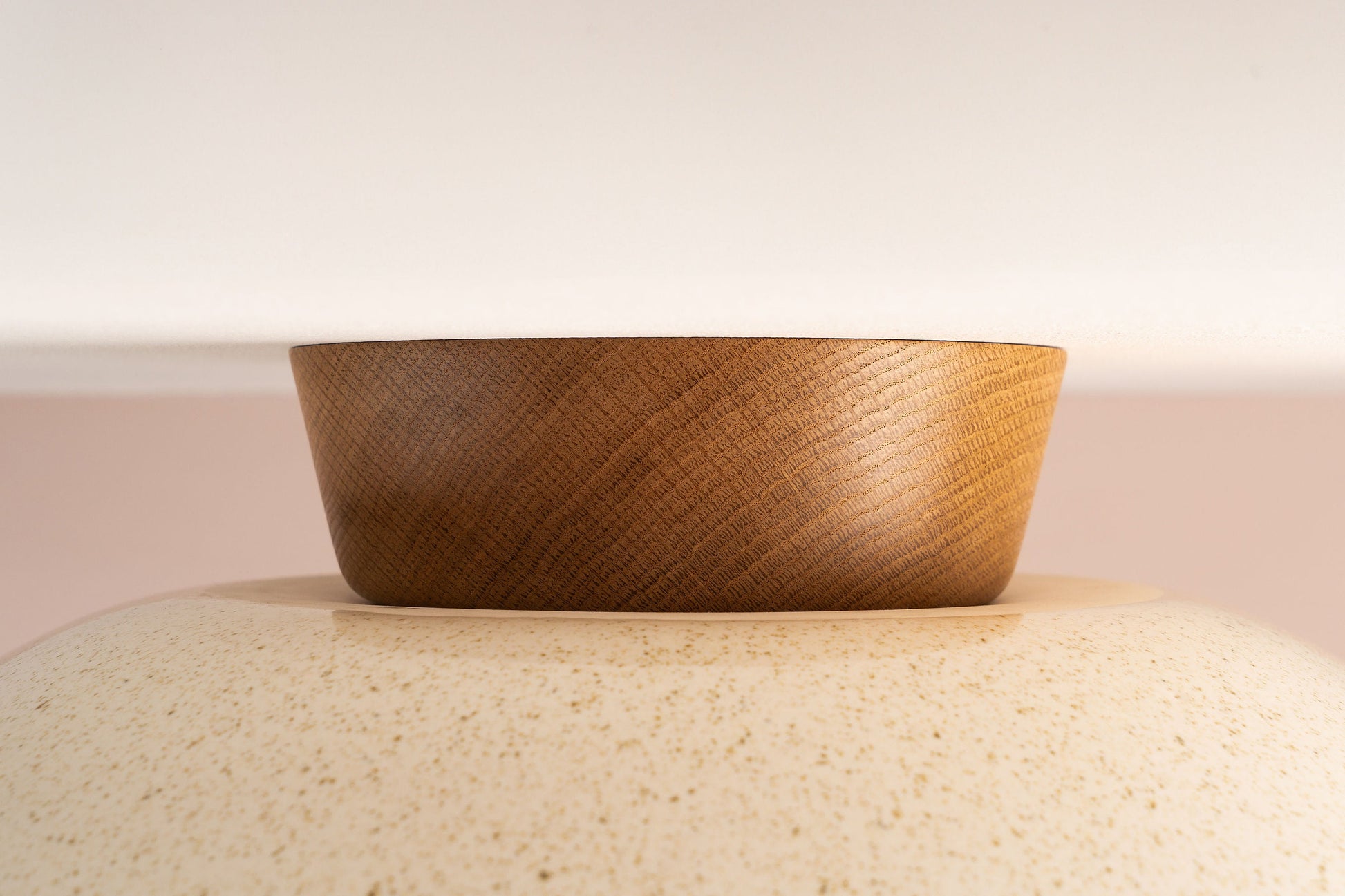 Speckled Cream Gloss XL Dawn Flush Mount Ceiling Light in Ceramic and Oak by StudioHaran