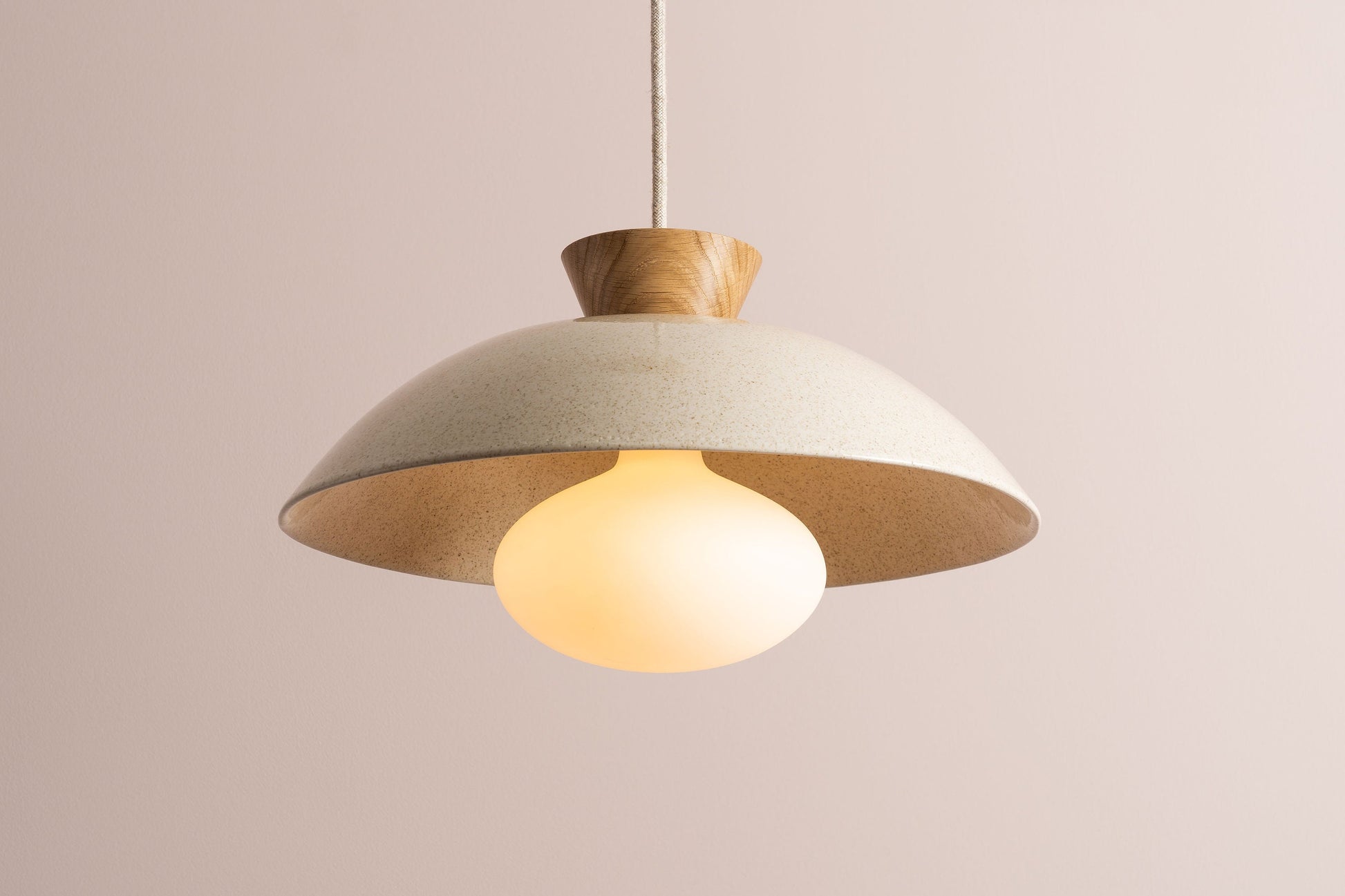 Speckled Cream Gloss Dawn Pendant Light in Ceramic and Oak by StudioHaran
