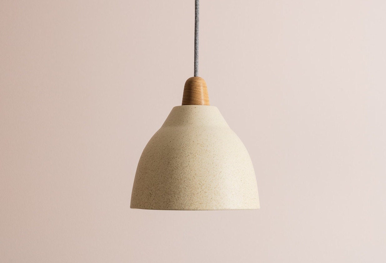 Speckled Cream Matt Element Pendant Light in Ceramic and Oak by StudioHaran