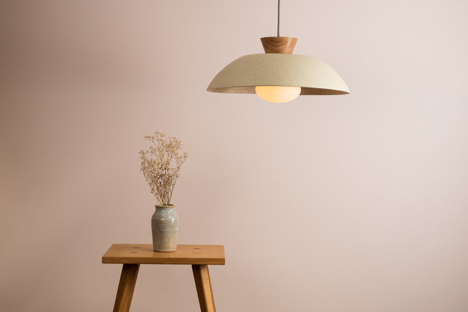 Speckled Cream Matt XL Dawn Pendant Light in Ceramic and Oak by StudioHaran