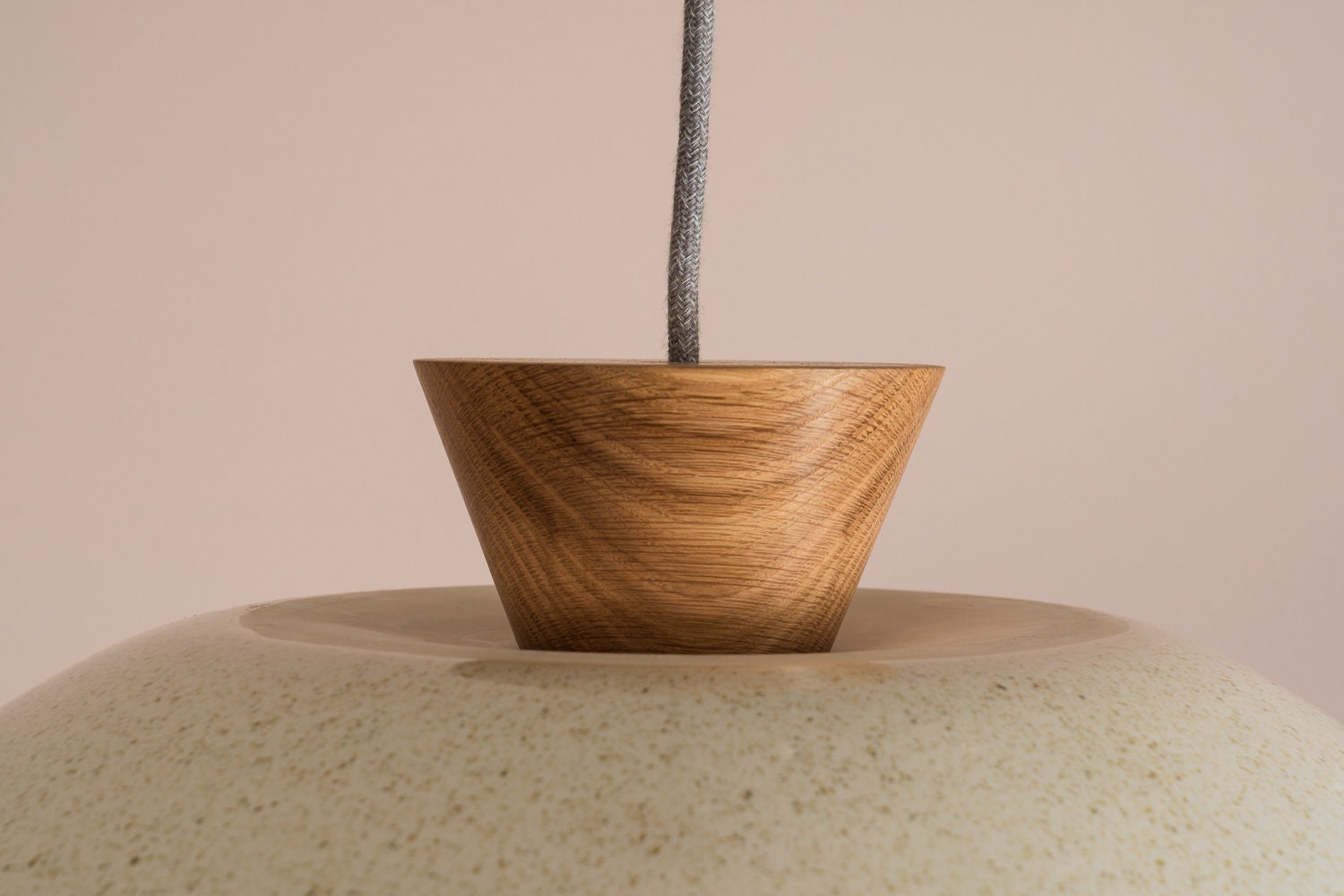 Speckled Cream Gloss XL Dawn Pendant Light in Ceramic and Oak by StudioHaran