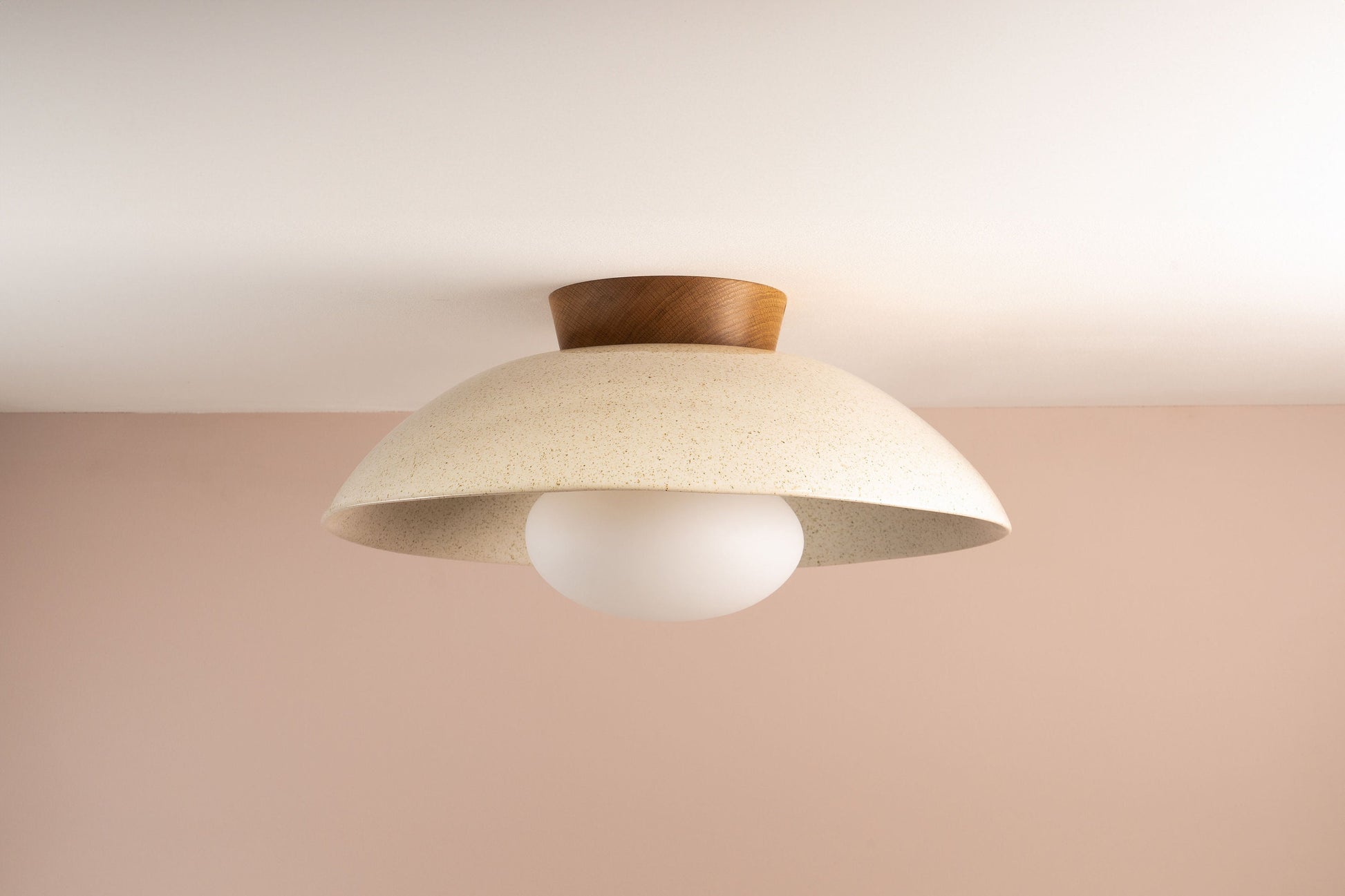 Speckled Cream Gloss XL Dawn Flush Mount Ceiling Light in Ceramic and Oak by StudioHaran