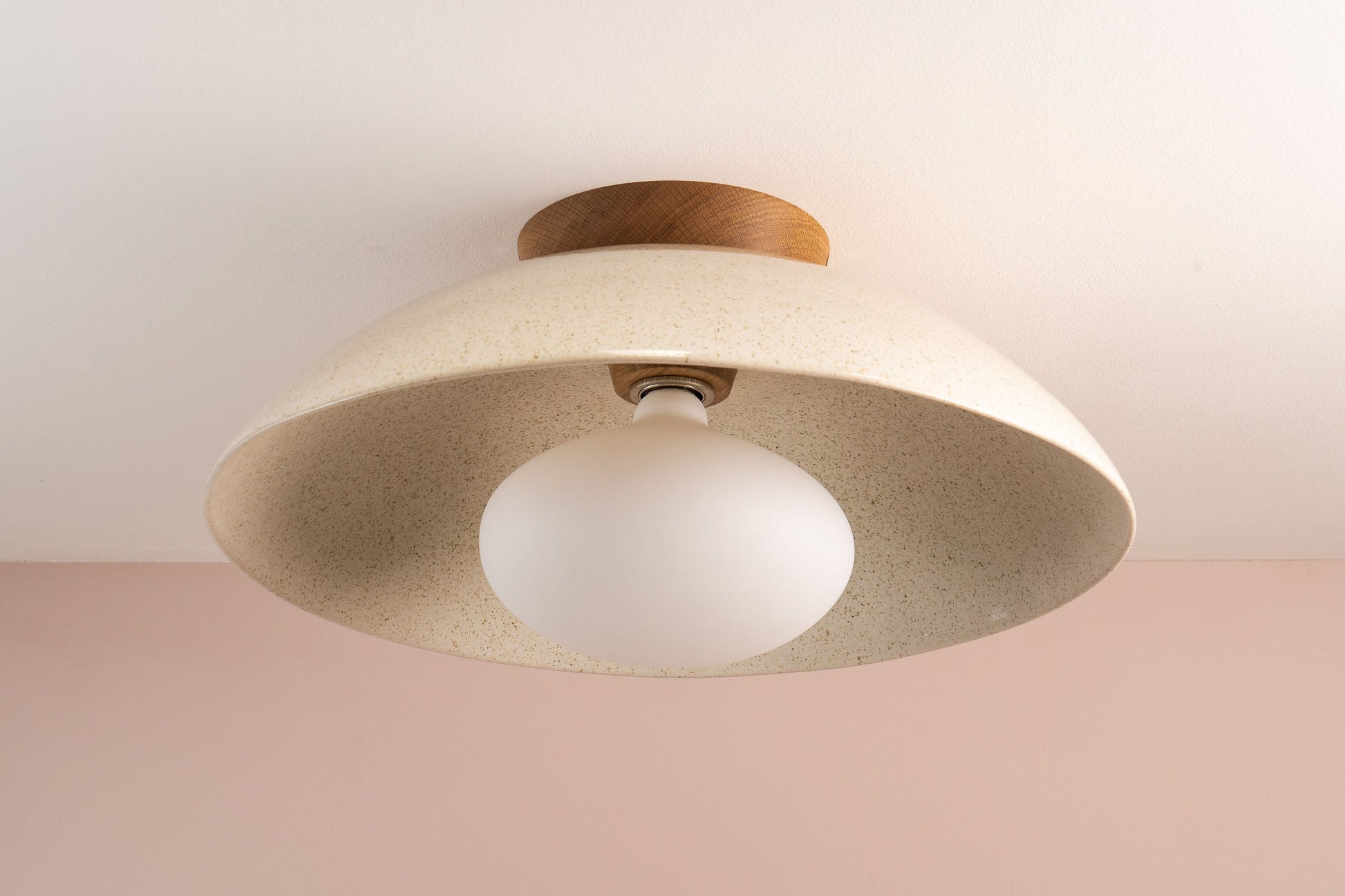Speckled Cream Gloss XL Dawn Flush Mount Ceiling Light in Ceramic and Oak by StudioHaran