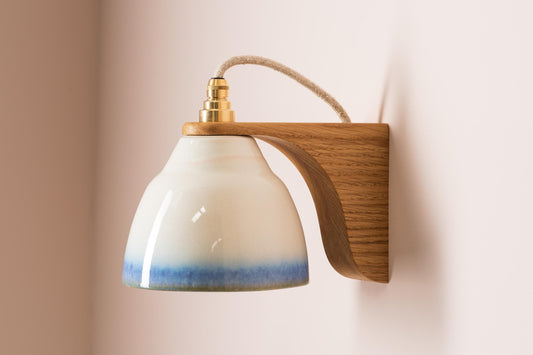 Blue and White Right-Angle Element Wall Light in Ceramic and Oak by StudioHaran