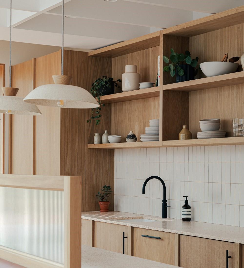 Speckled Cream Matt Dawn Pendant Light in Ceramic and Oak by StudioHaran