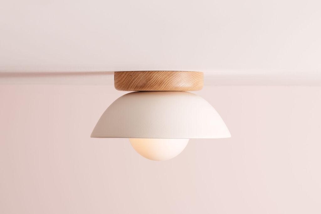 White Small Dawn Ceiling Light in Ceramic and Oak by StudioHaran
