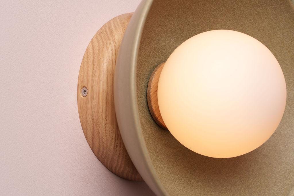 Green Small Dawn Wall Light in Ceramic and Oak by StudioHaran