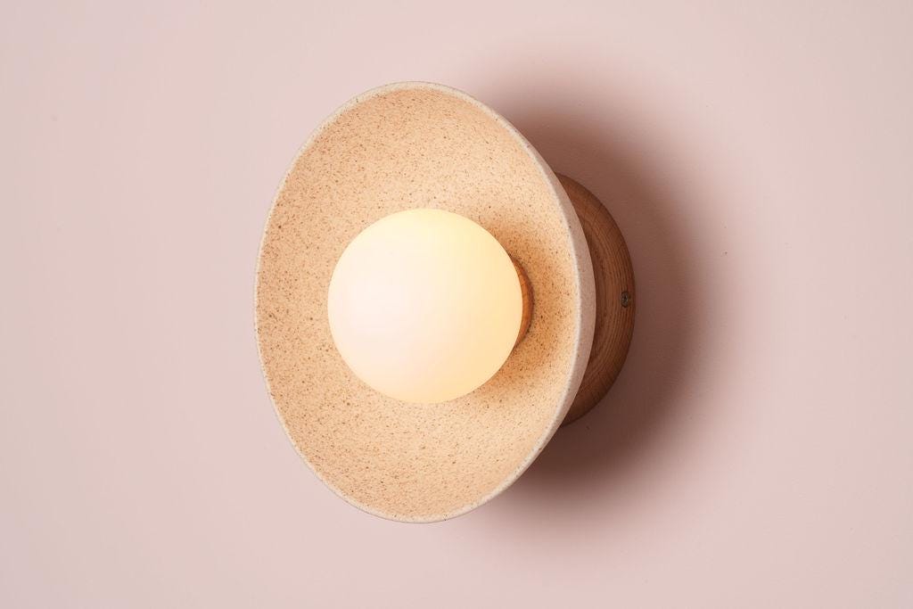 Speckled Cream Matt Small Dawn Wall Light in Ceramic and Oak by StudioHaran
