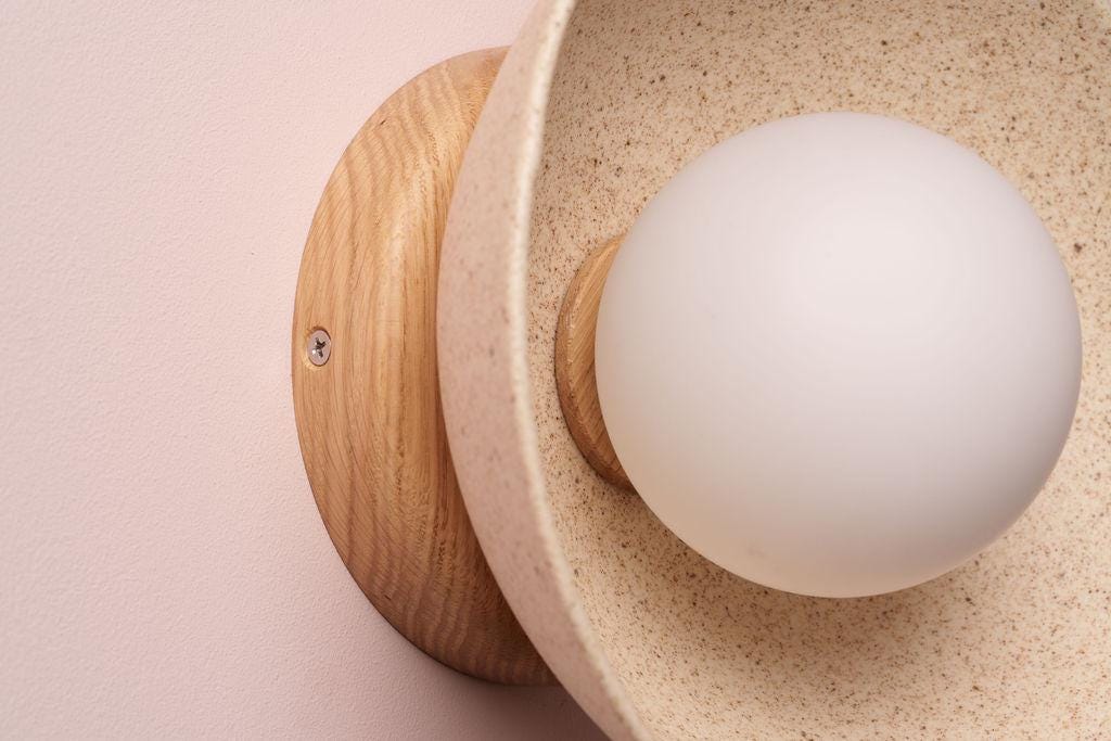 Speckled Cream Matt Small Dawn Wall Light in Ceramic and Oak by StudioHaran
