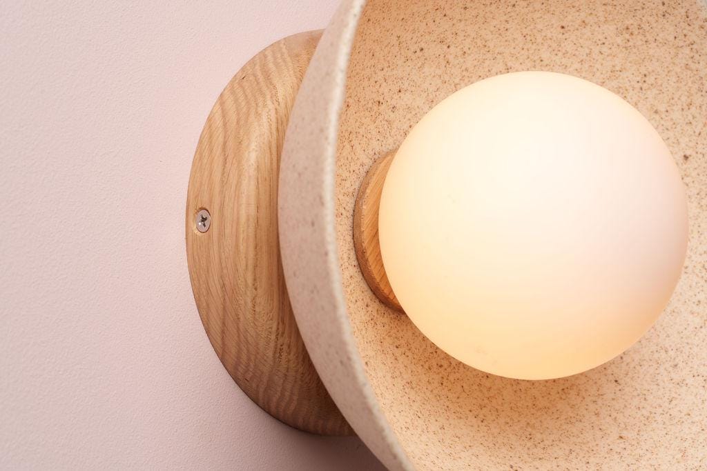 Speckled Cream Matt Small Dawn Wall Light in Ceramic and Oak by StudioHaran