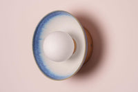 Blue and White Small Dawn Wall Light in Ceramic and Oak