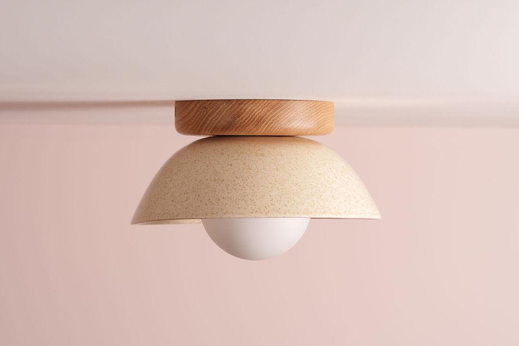Speckled Cream Gloss Small Dawn Ceiling Light in Ceramic and Oak by StudioHaran