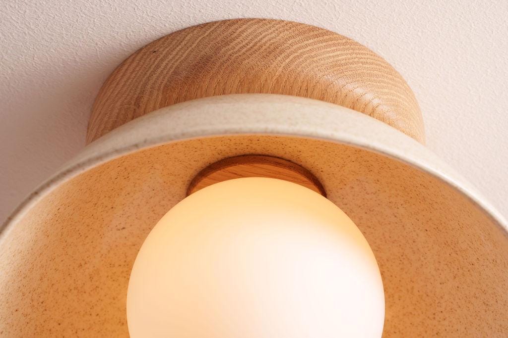 Speckled Cream Gloss Small Dawn Ceiling Light in Ceramic and Oak by StudioHaran