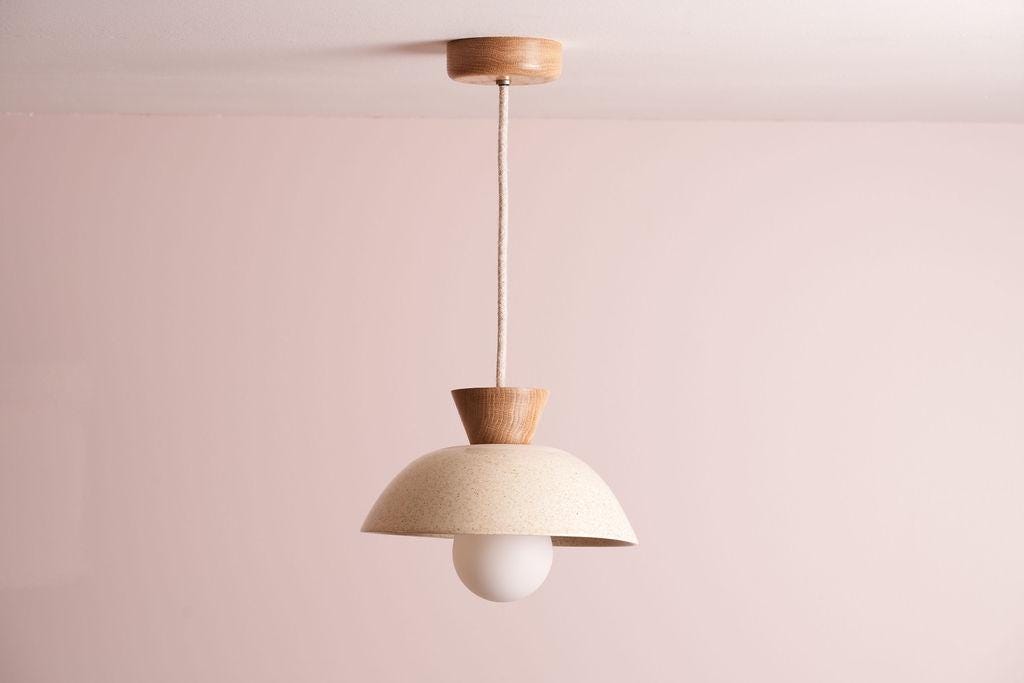 Speckled Cream Gloss Small Dawn Pendant Light in Ceramic and Oak by StudioHaran
