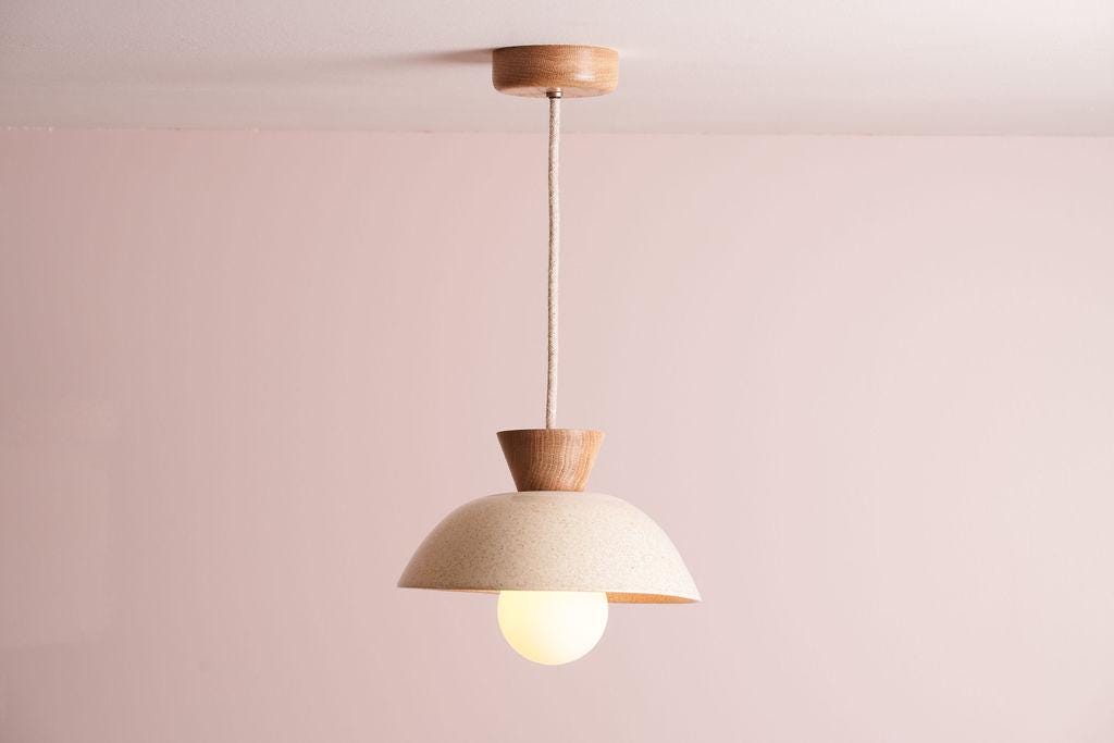 Speckled Cream Gloss Small Dawn Pendant Light in Ceramic and Oak by StudioHaran