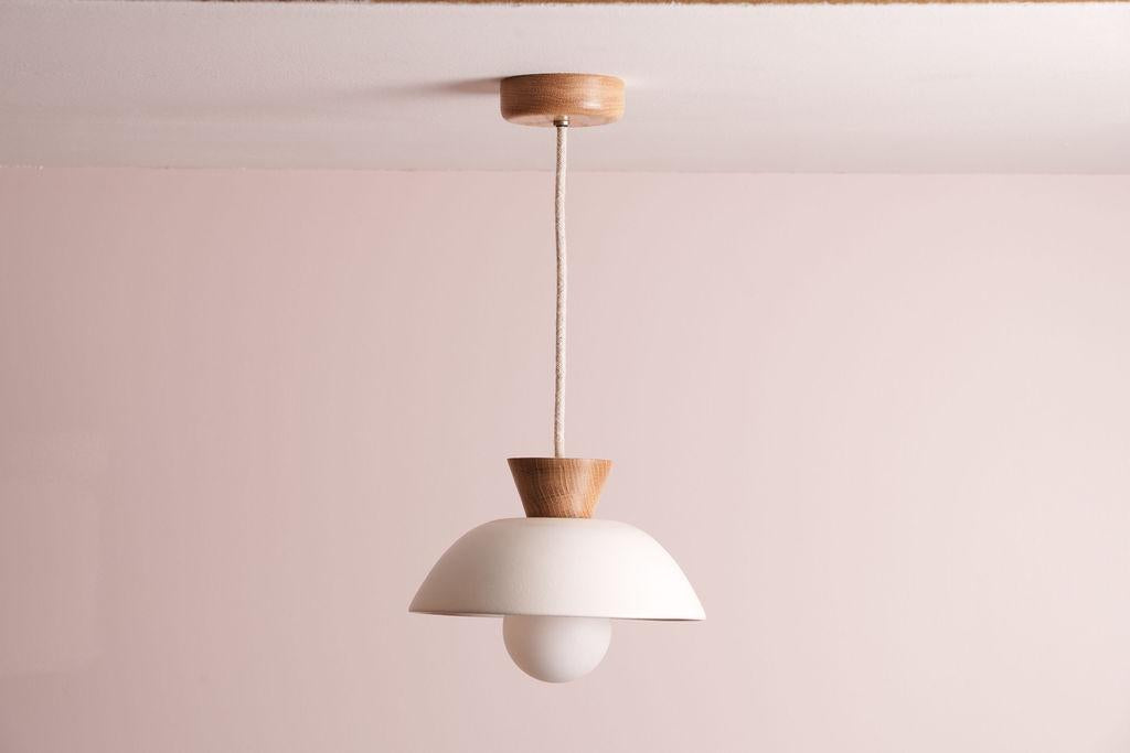 White Small Dawn Pendant Light in Ceramic and Oak by StudioHaran