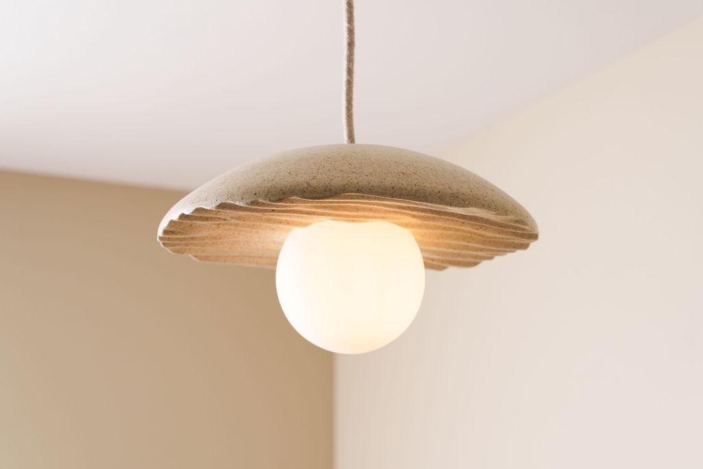 Speckle Cream Matt Porth Pendant Light in Ceramic and Oak by StudioHaran