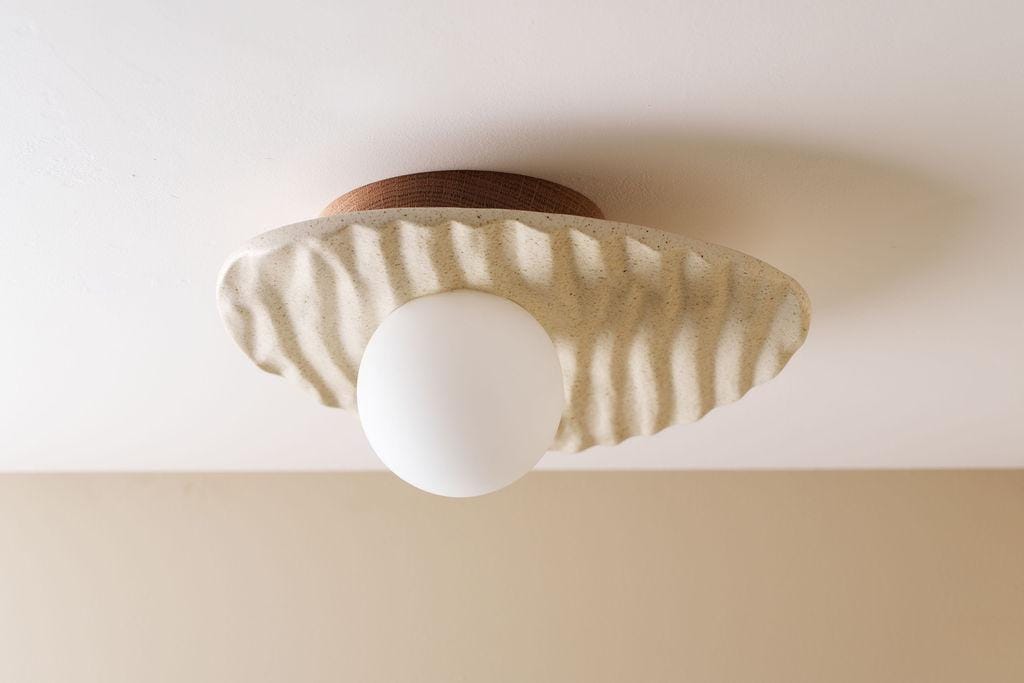 Speckle Cream Matt Towan Ceiling Light in Solid Ceramic and Oak by StudioHaran