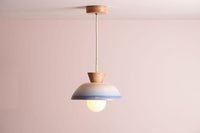 Blue and White Small Dawn Pendant Light in Ceramic and Oak