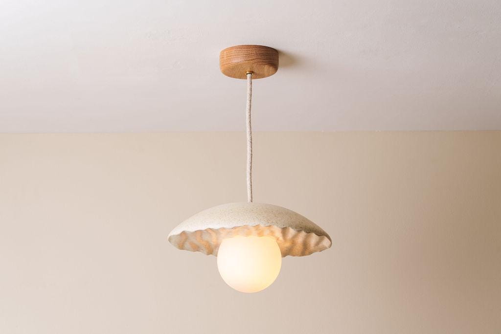 Speckle Cream Matt Porth Pendant Light in Ceramic and Oak by StudioHaran