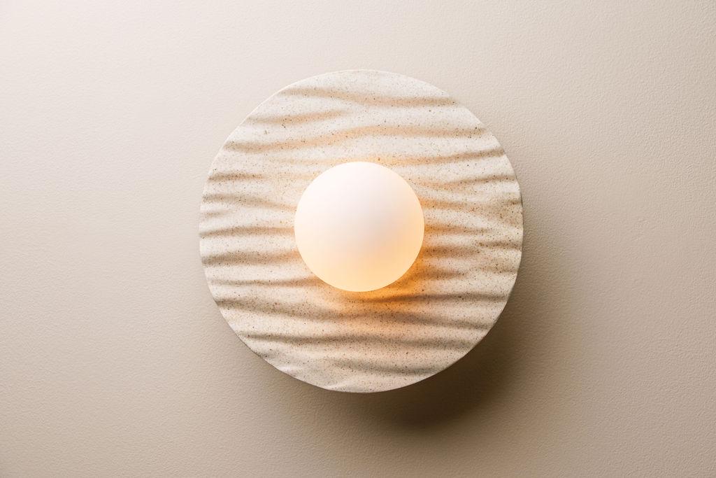 Speckled Cream Matt Porth Flush Mount Wall Light in Ceramic and Oak by StudioHaran