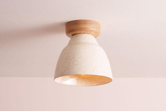 Speckled Cream Gloss Small Element Flush Mount Ceiling Light in Ceramic and Oak by StudioHaran