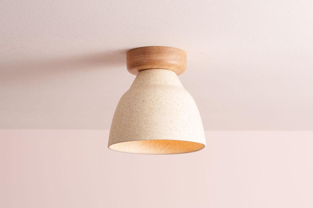 Speckled Cream Matt Small Element Flush Mount Ceiling Light in Ceramic and Oak by StudioHaran
