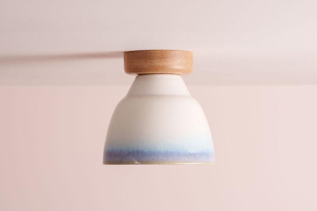 Blue and White Small Element Flush Mount Ceiling Light in Ceramic and Oak by StudioHaran
