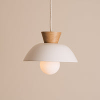 White Small Dawn Pendant Light in Ceramic and Oak