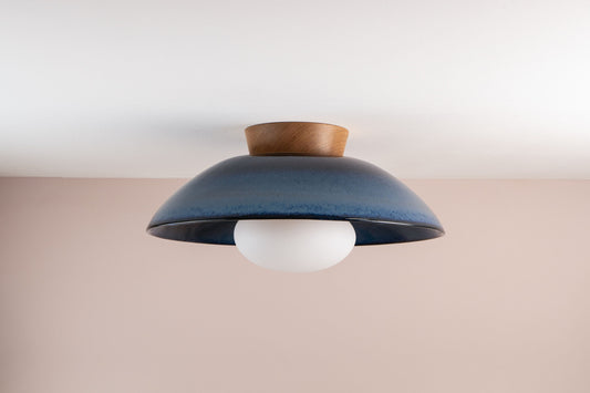 Blue XL Dawn Flush Mount Ceiling Light in Ceramic and Oak by StudioHaran