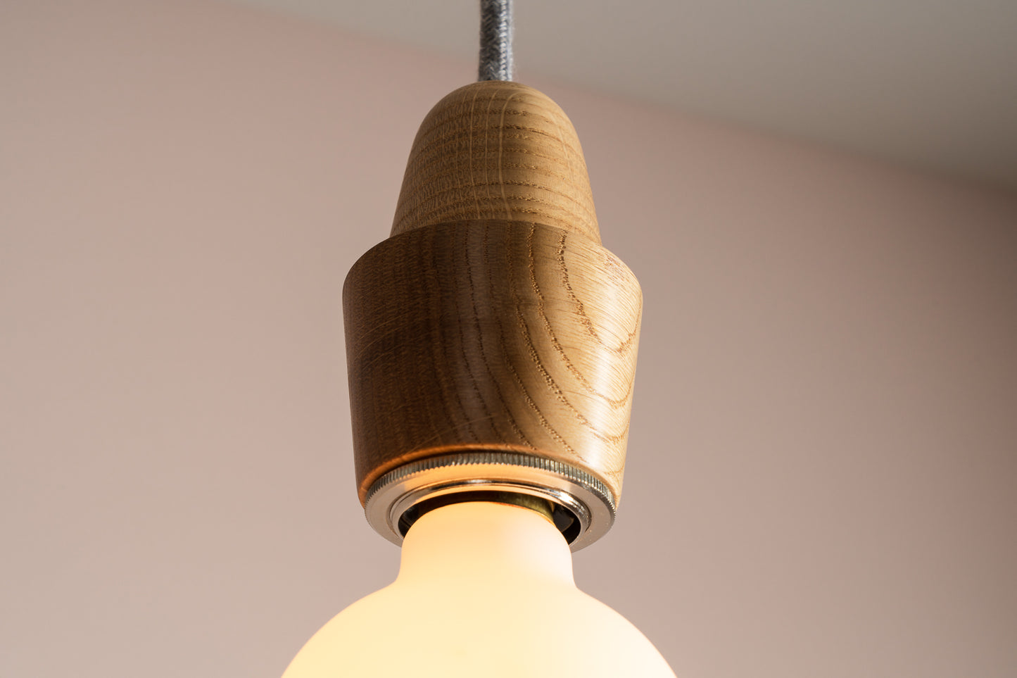 Wooden Element pendant light fixture with linen cable and solid oak ceiling rose.