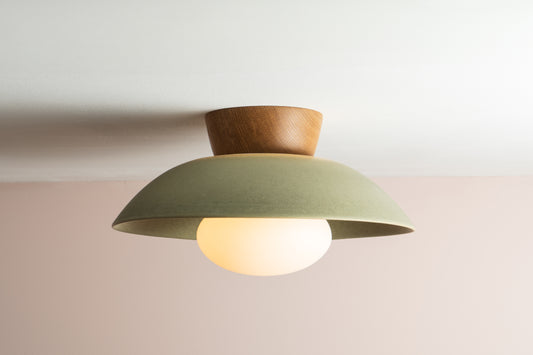 Green Dawn Flush Mount Ceiling Light in Ceramic and Oak