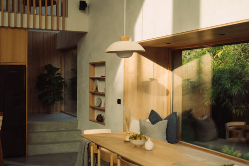 Speckled Cream Matt XL Dawn Pendant Light in Ceramic and Oak