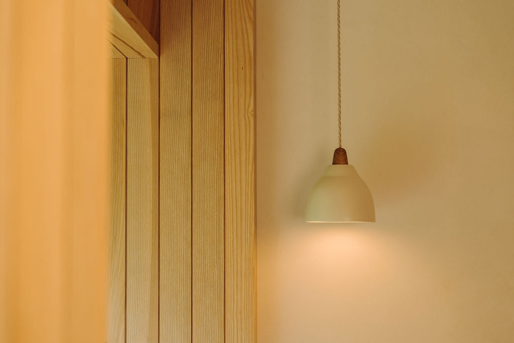 Small White Element Pendant Light in Ceramic and Oak