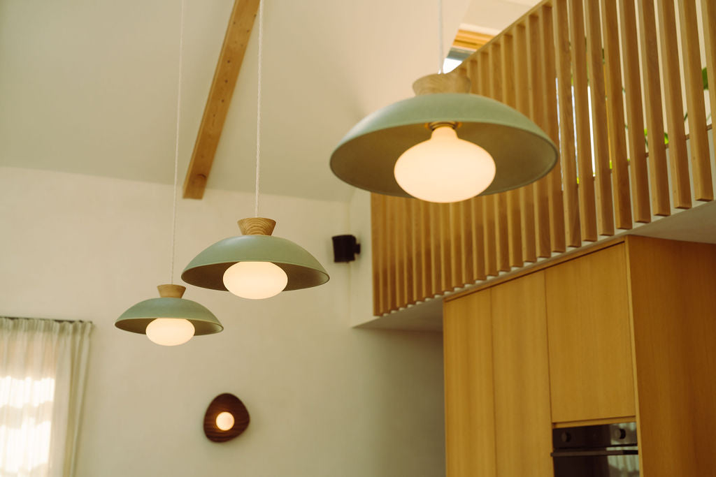 Green Dawn Pendant Light in Ceramic and Oak