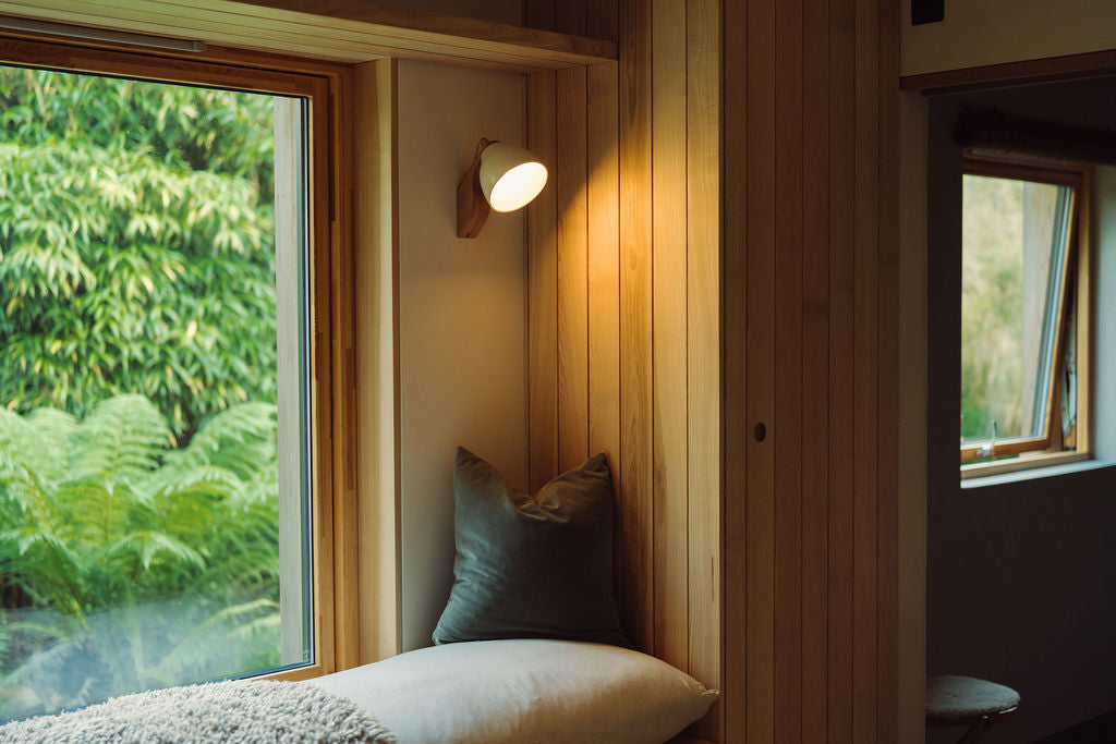 White Element Wall Light in Ceramic and Oak