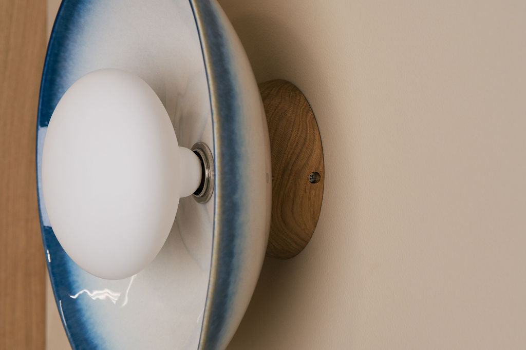 Blue & White Dawn Wall Light Sconce in Ceramic and Oak